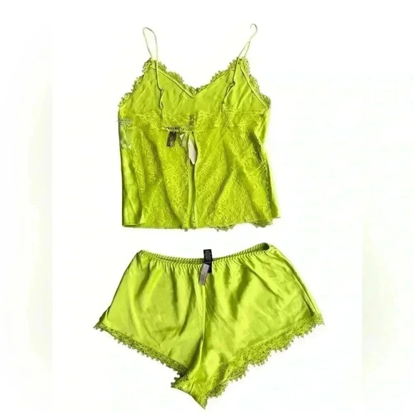 New with Tags Victoria Secret Satin and Lace Cami Set Lime Citron Yellow Small - Picture 2 of 9